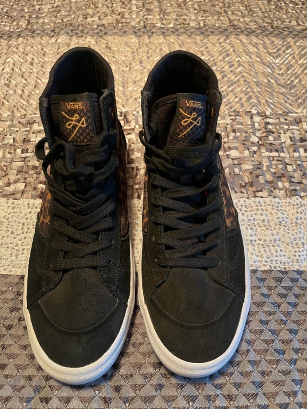 Vans Womens Black High-Top Sneakers with Brown Leopard Accent